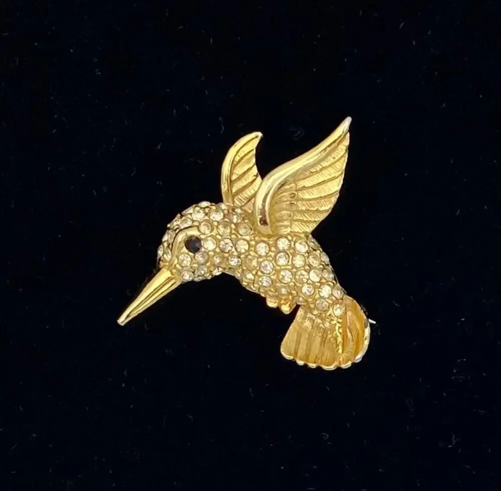 Vintage Hummingbird Brooch Clear Rhinestones Gold Tone 1.4